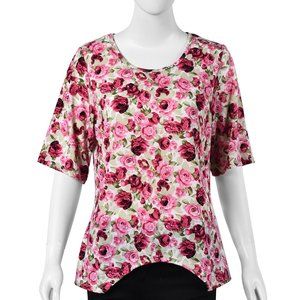 Pink and Green Rose Pattern Mid Sleeve Blouse